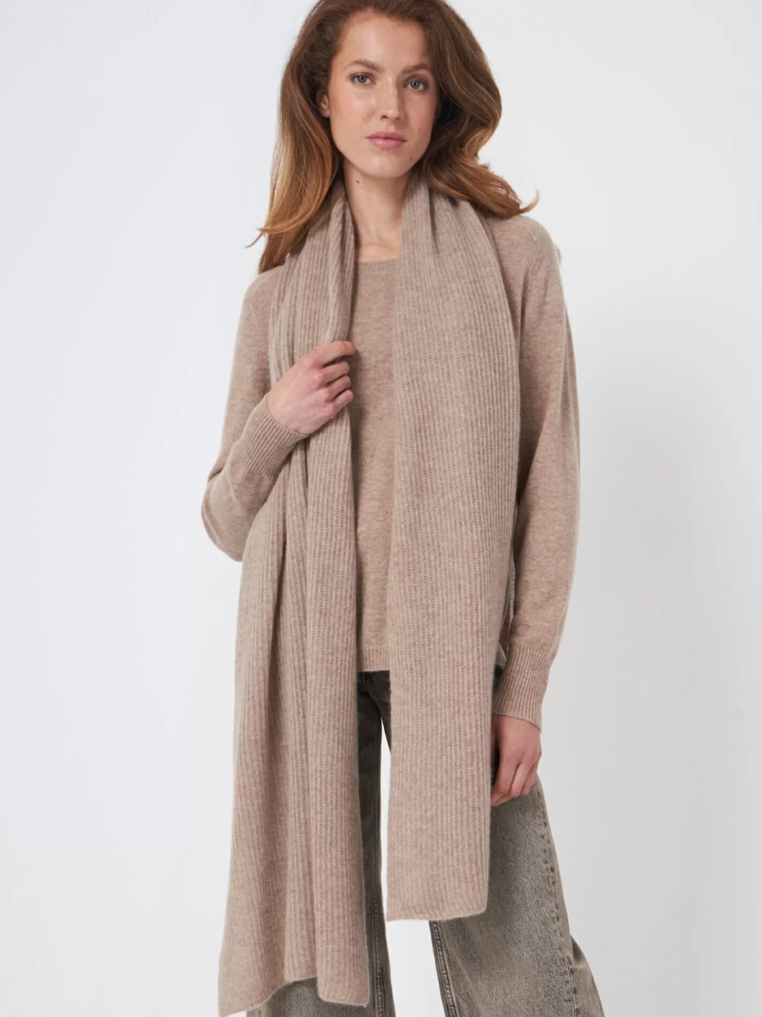 REPEAT cashmere Sjaals*Oversized geribde cashmere sjaal Taupe