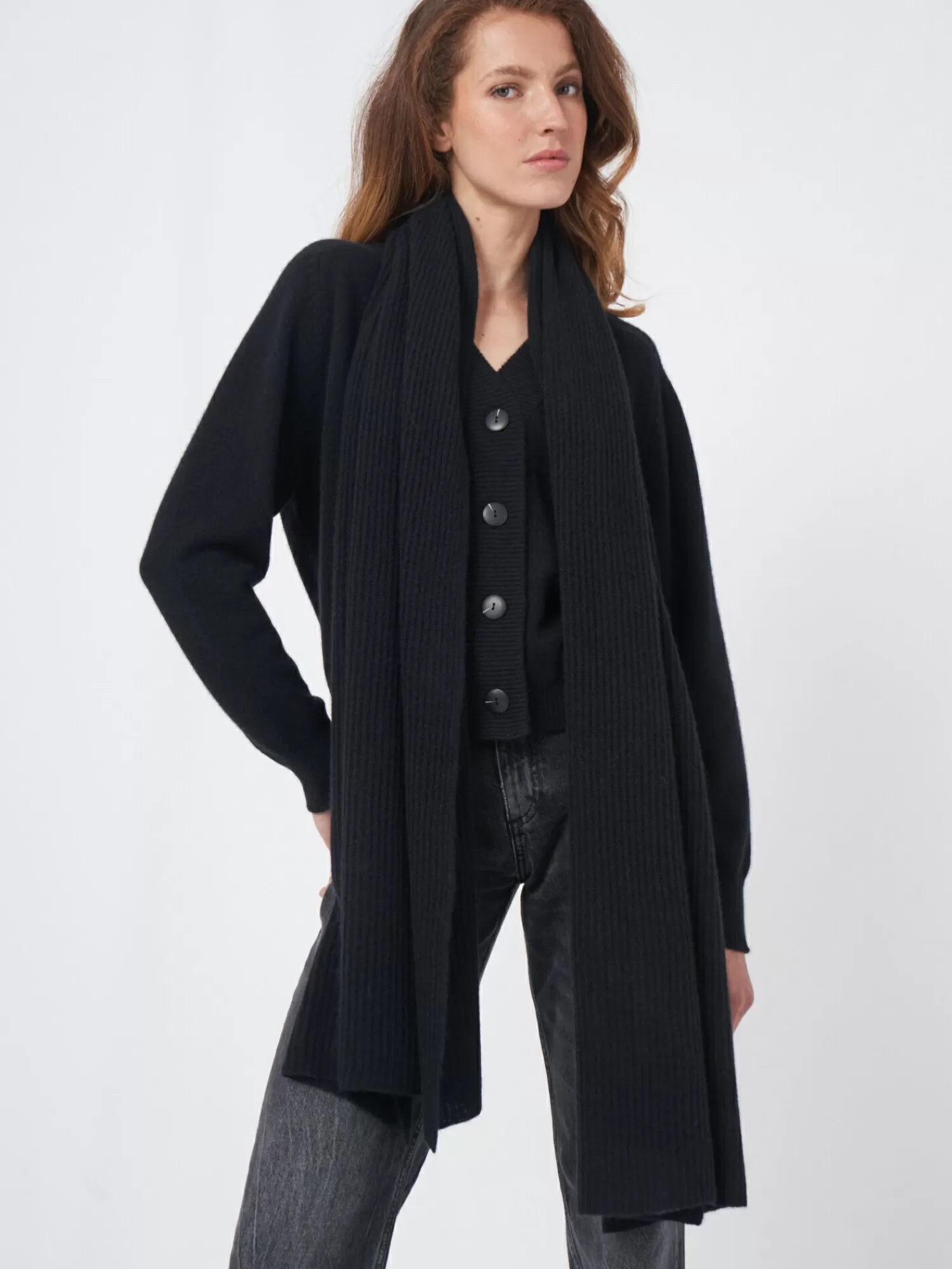 REPEAT cashmere Organic Cashmere | Sjaals*Oversized geribde cashmere sjaal Black