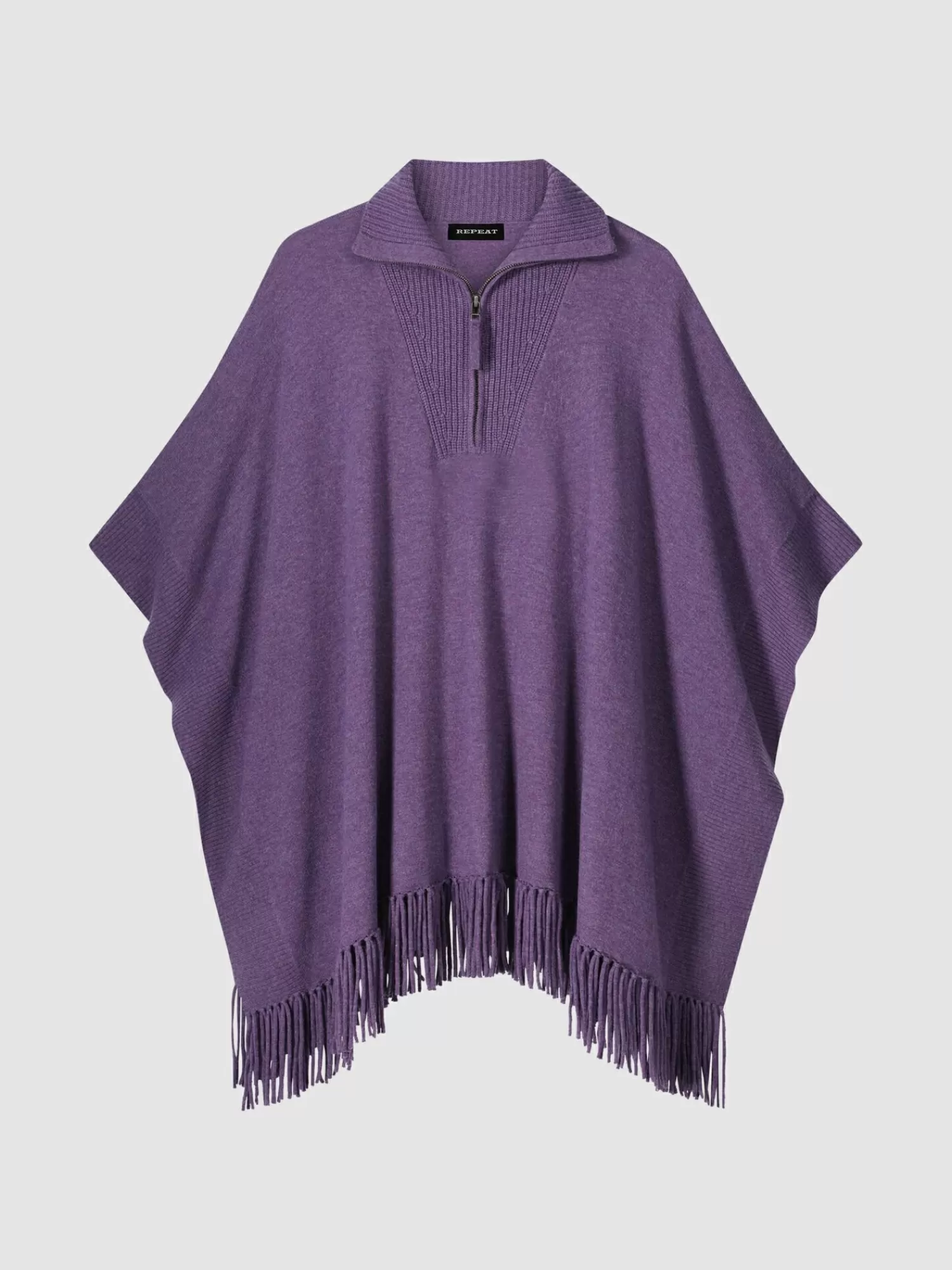 REPEAT cashmere Poncho's*Poncho met franje en ritskraag Amethyst