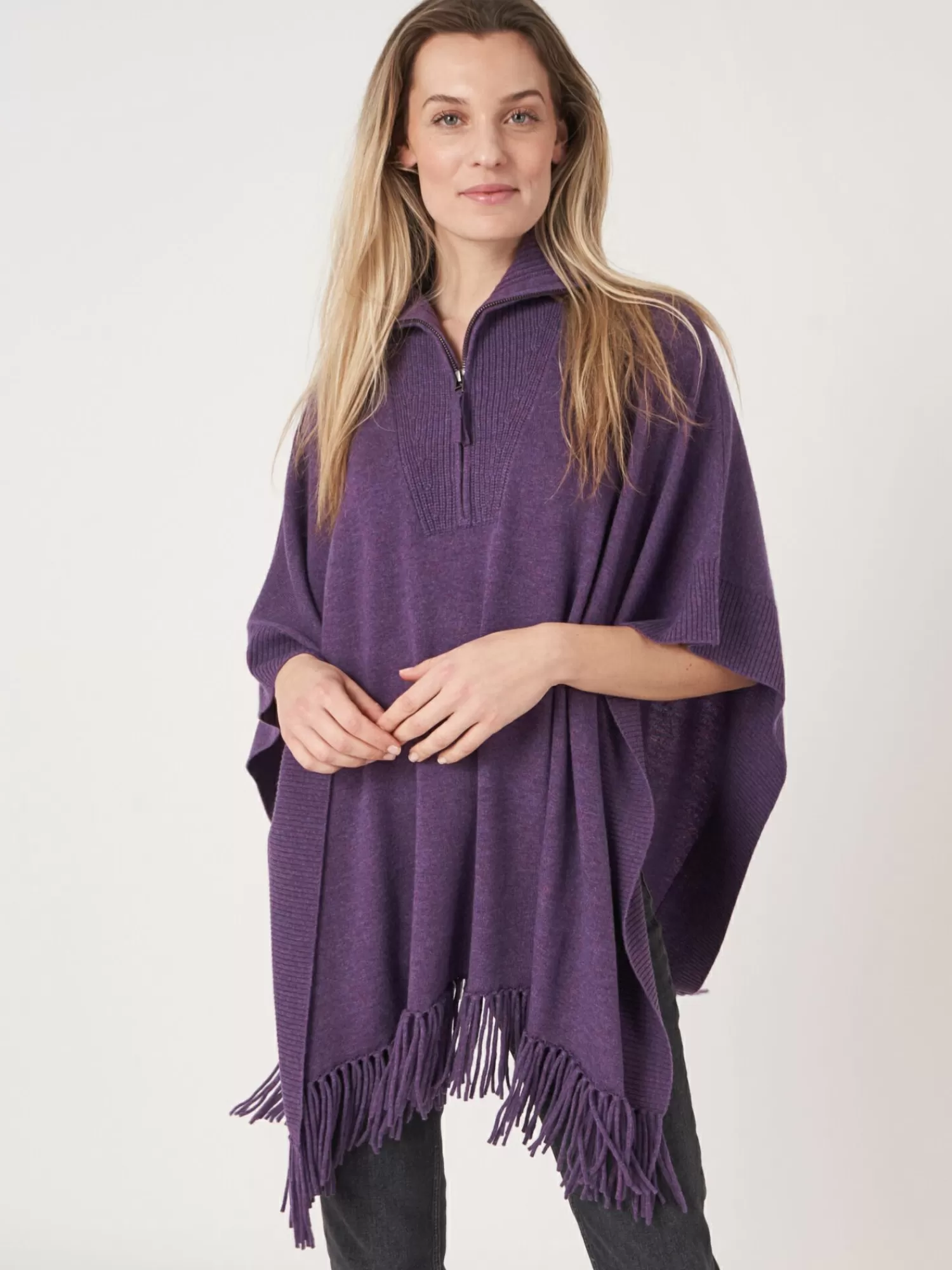 REPEAT cashmere Poncho's*Poncho met franje en ritskraag Amethyst