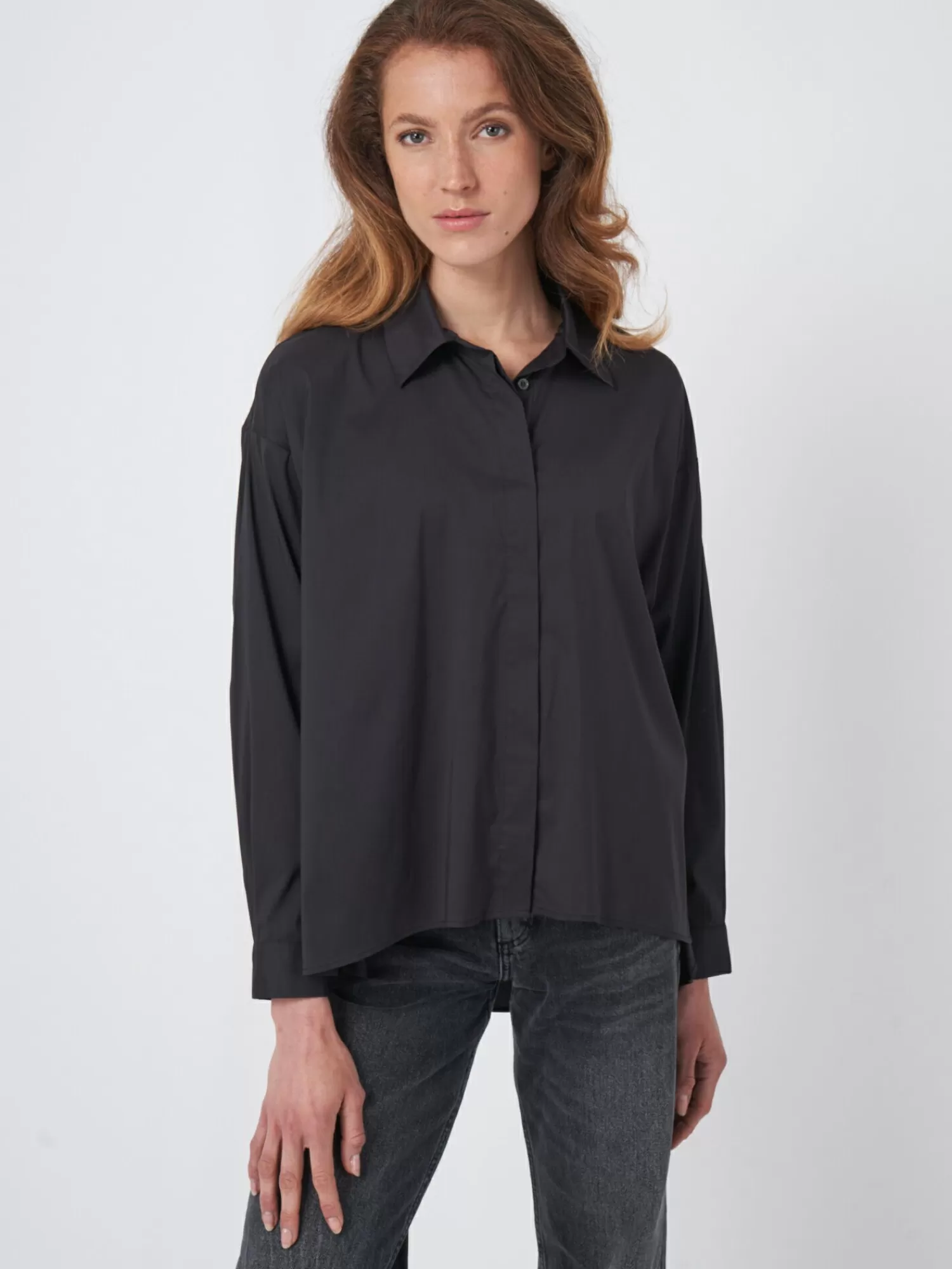 REPEAT cashmere Blouses*Popeline blouse met splitjes Black