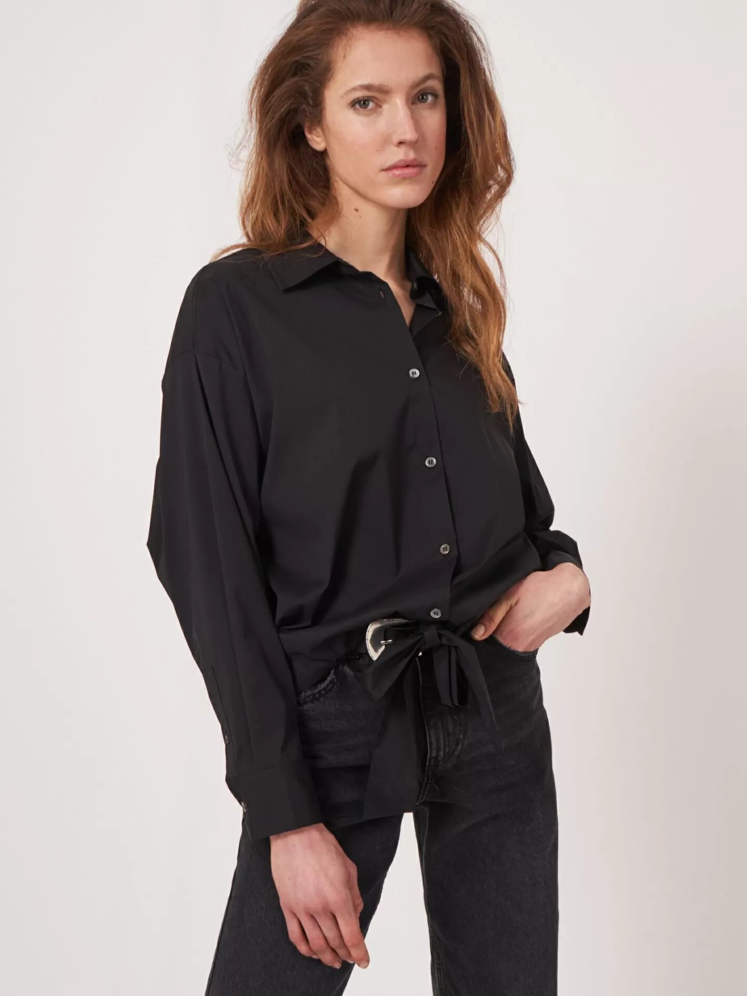 REPEAT cashmere Blouses*Popeline blouse met trekkoord Black