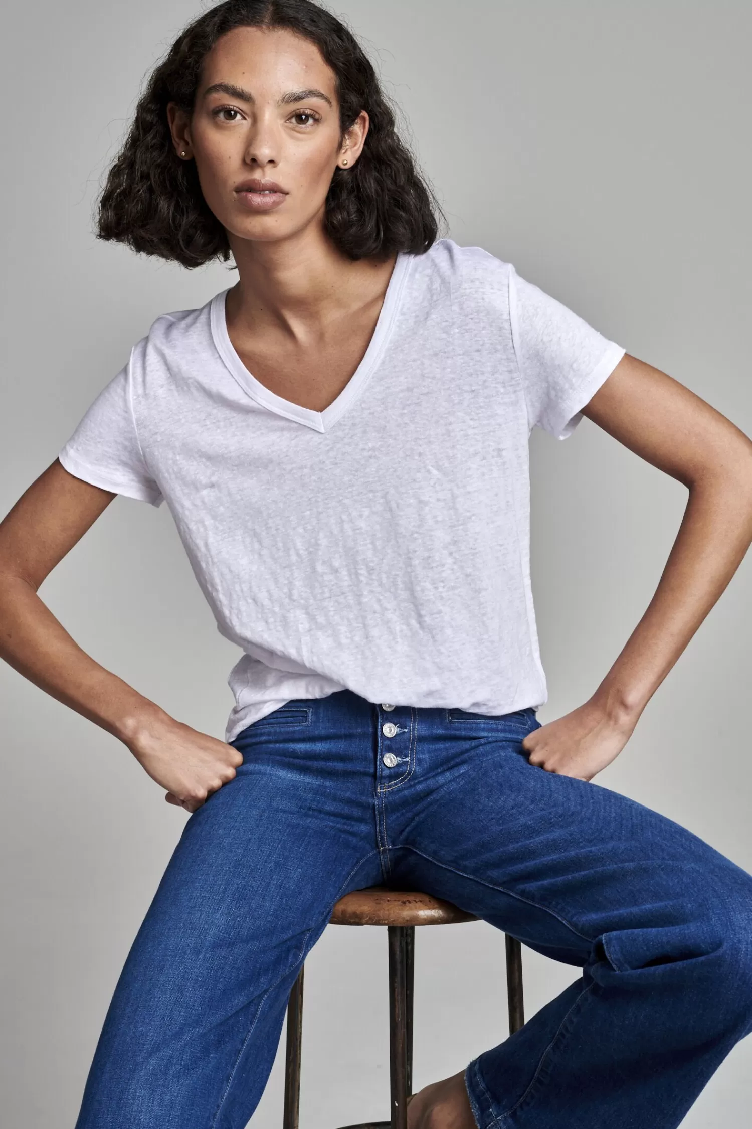 REPEAT cashmere Tops*Relaxed fit linnen V-hals T-shirt White