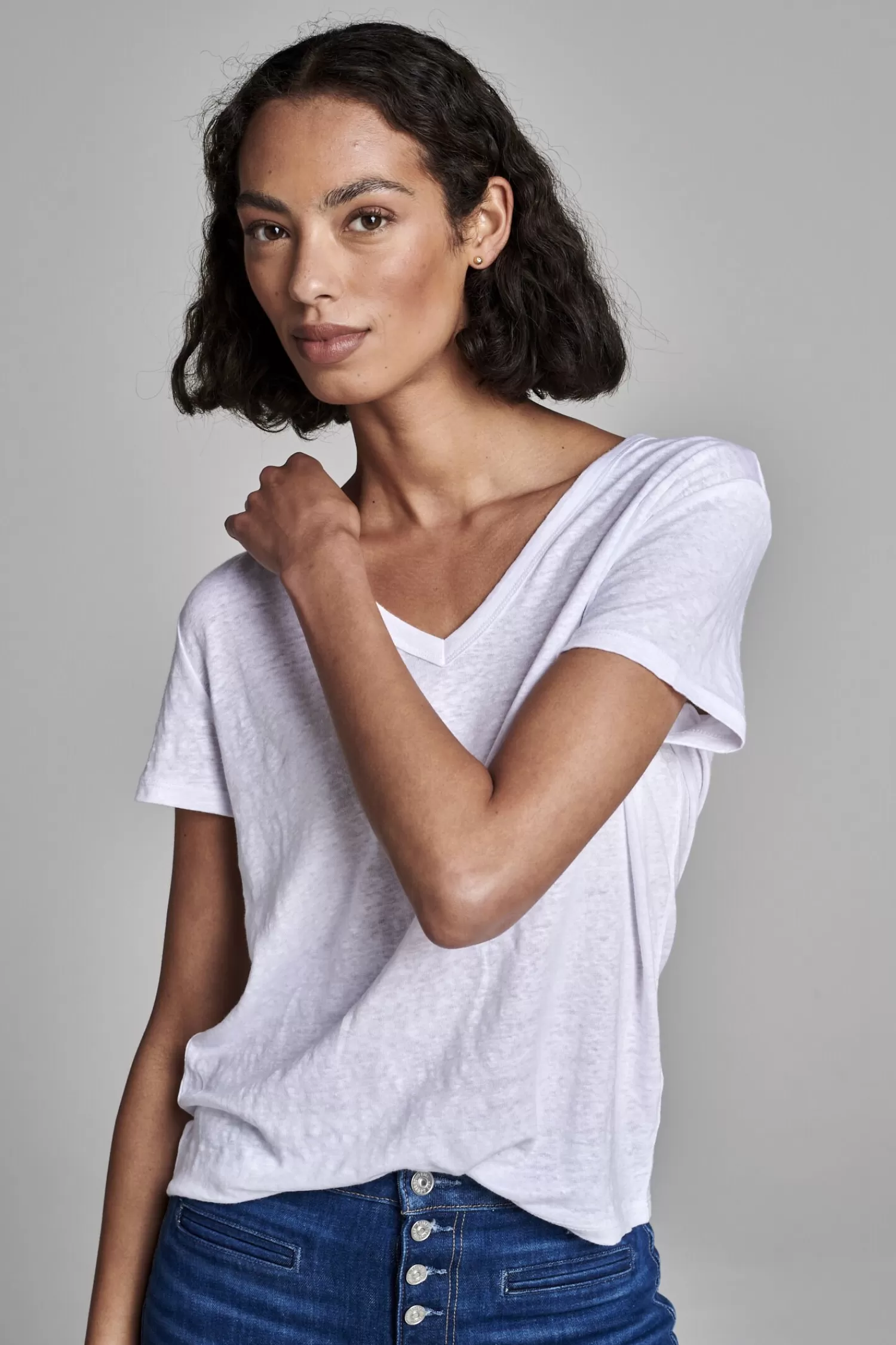 REPEAT cashmere Tops*Relaxed fit linnen V-hals T-shirt White