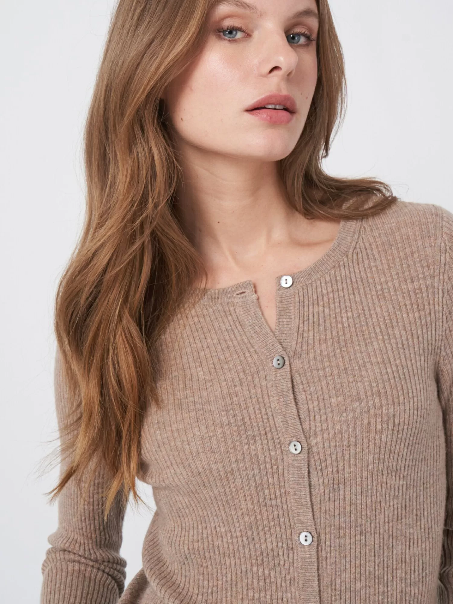 REPEAT cashmere Vesten*Ribgebreide cardigan van cashmere mix Taupe