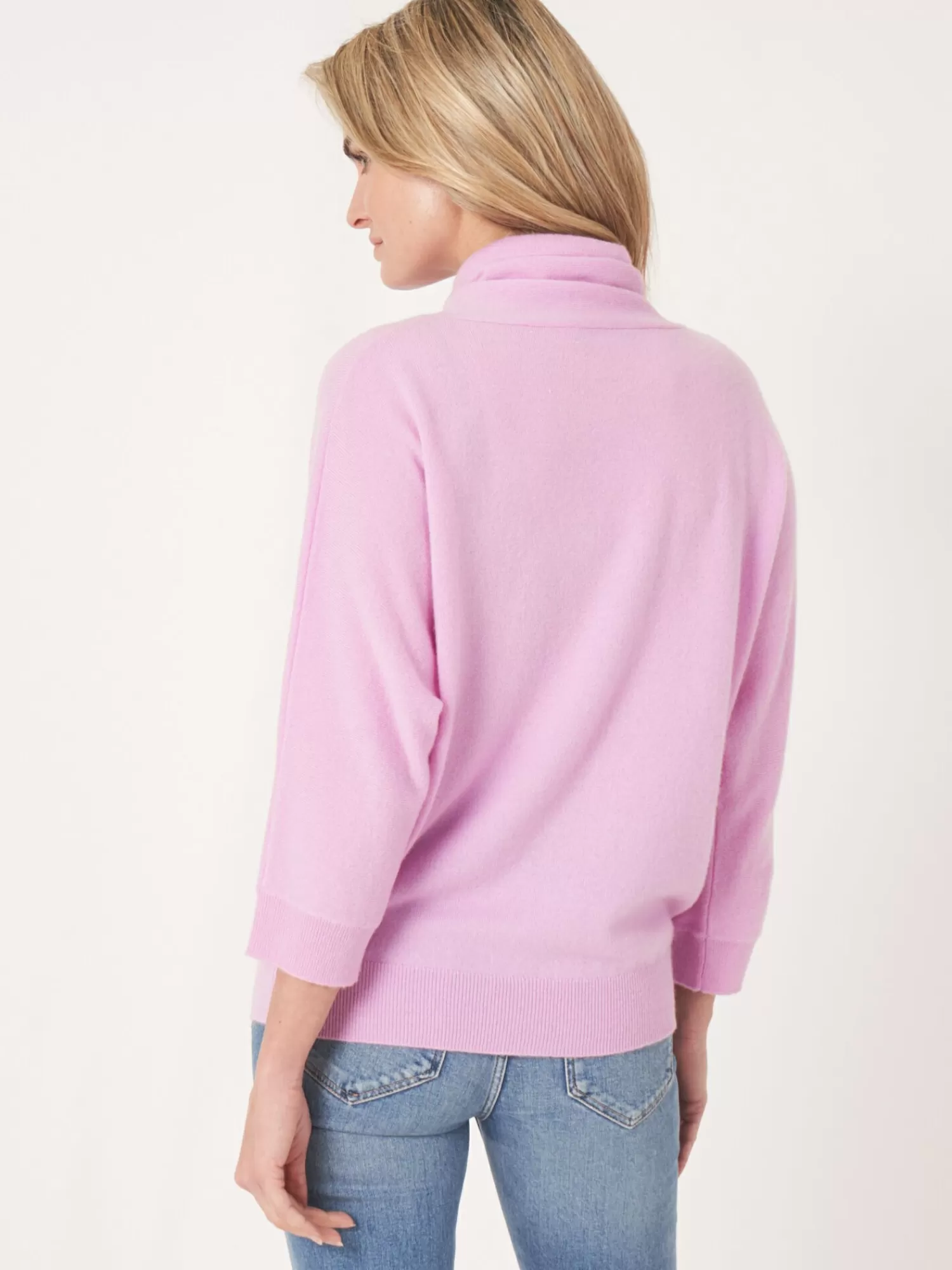 REPEAT cashmere Organic Cashmere | Truien*Sportieve cashmere trui met opstaande kraag met trekkoord Candy