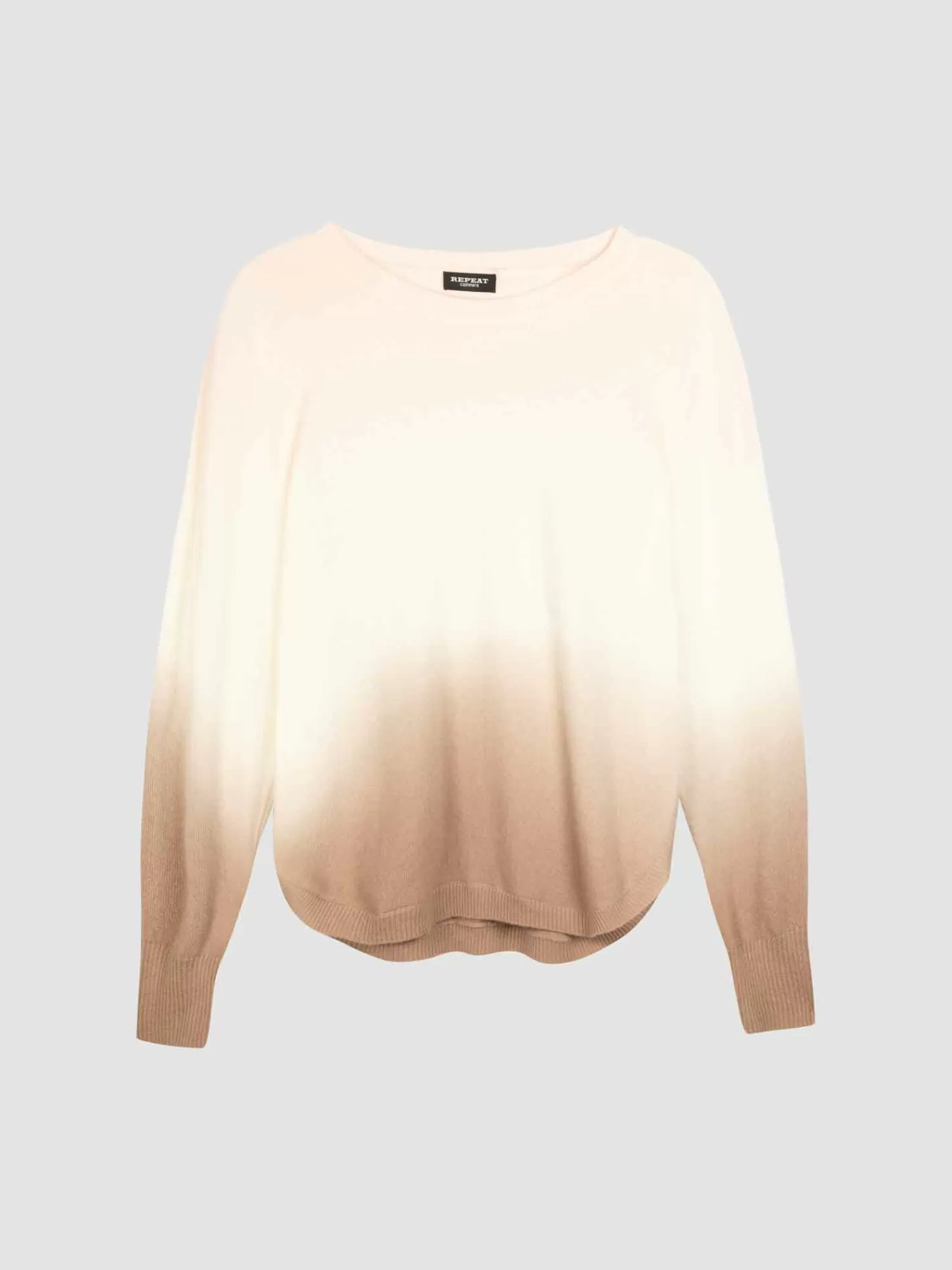 REPEAT cashmere Truien*Tie-dye cashmere trui met ronde zoom Taupe/Pearl