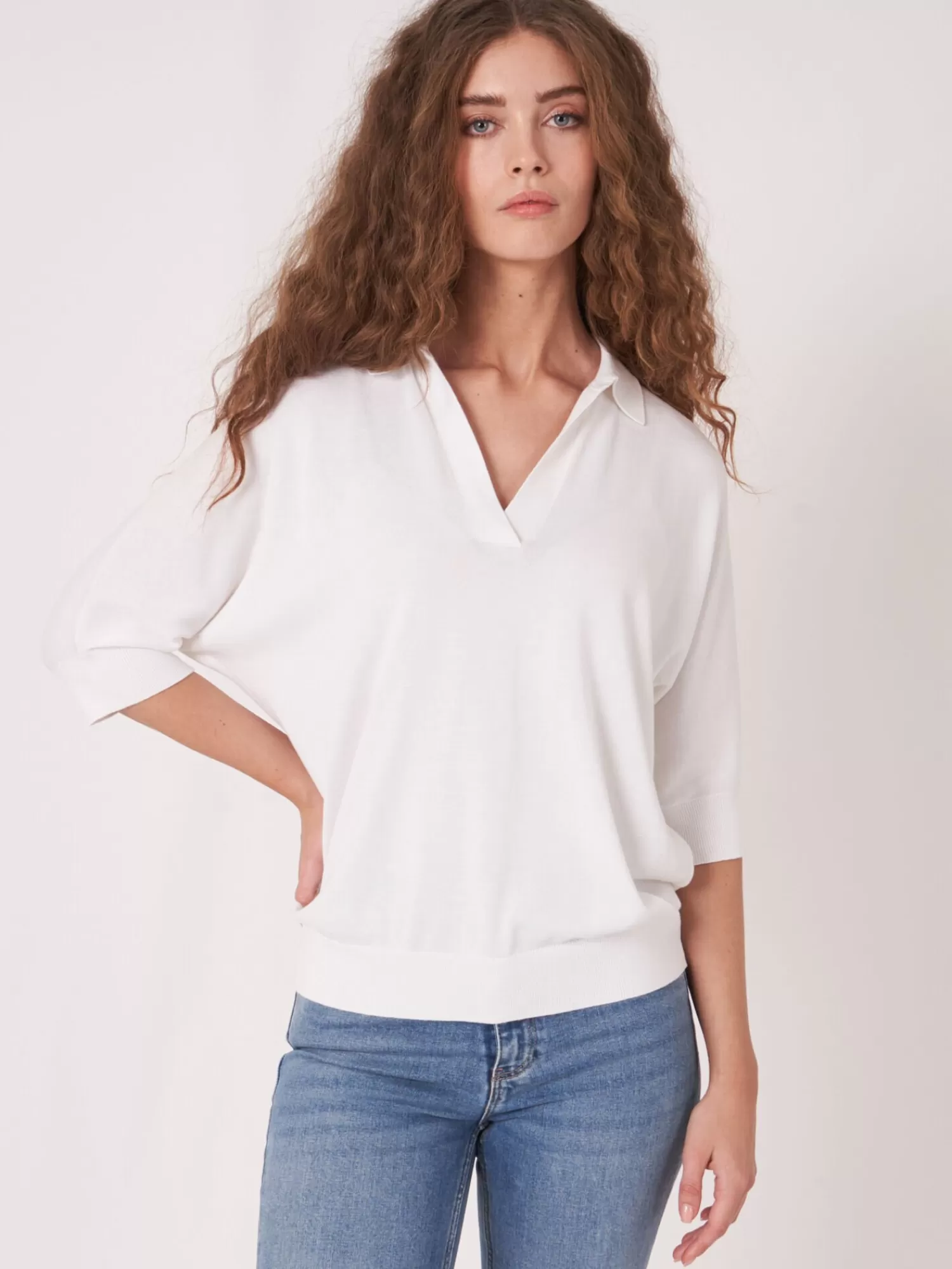 REPEAT cashmere Truien*Trui in katoen-mix met polokraag White