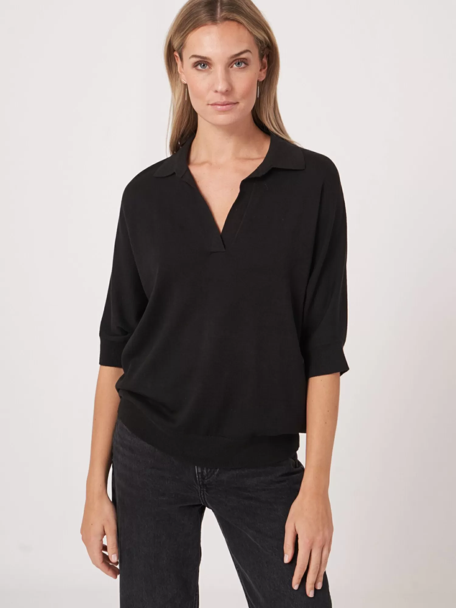 REPEAT cashmere Truien*Trui in katoen-mix met polokraag Black