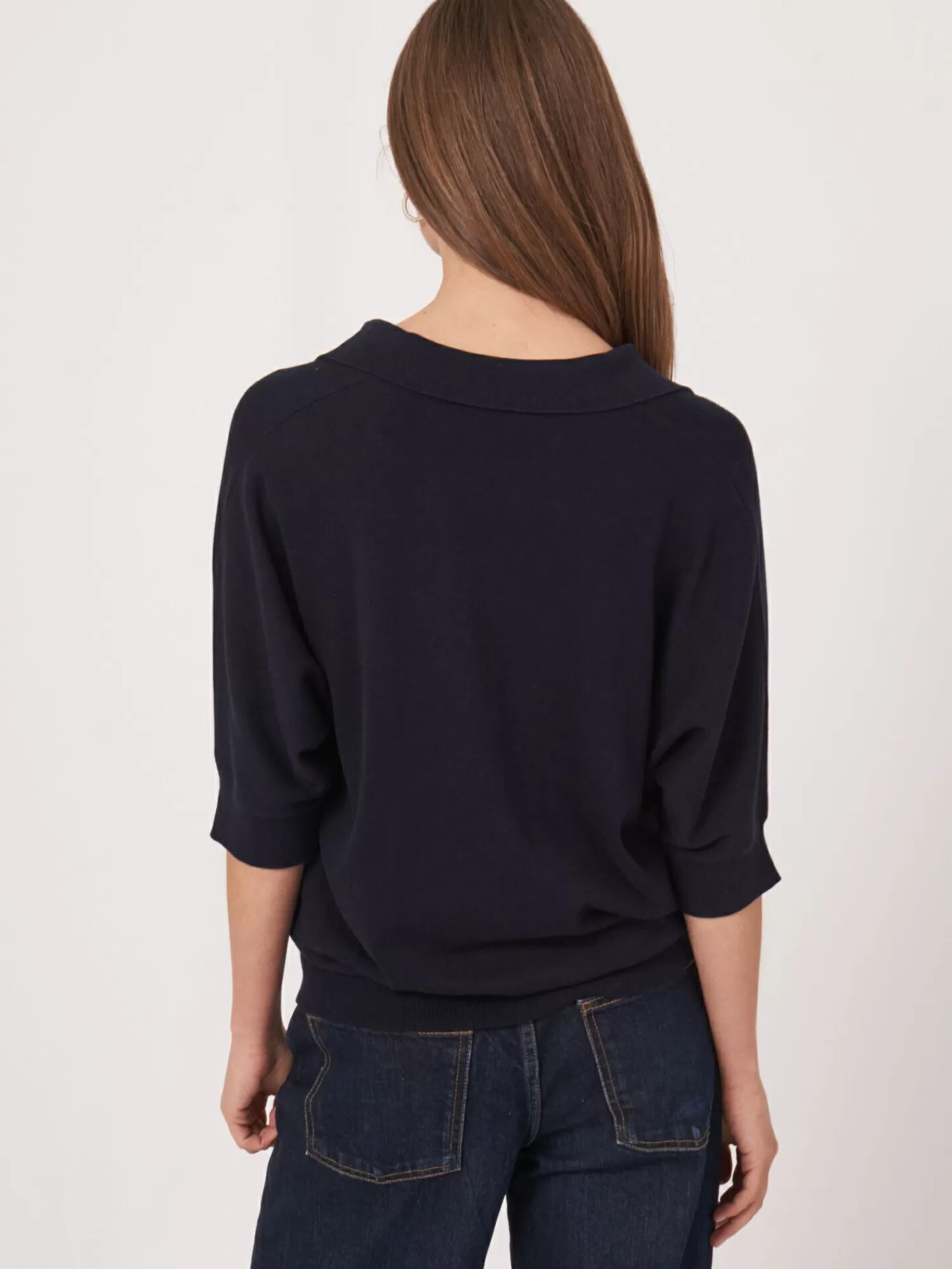 REPEAT cashmere Truien*Trui in katoen-mix met polokraag Navy