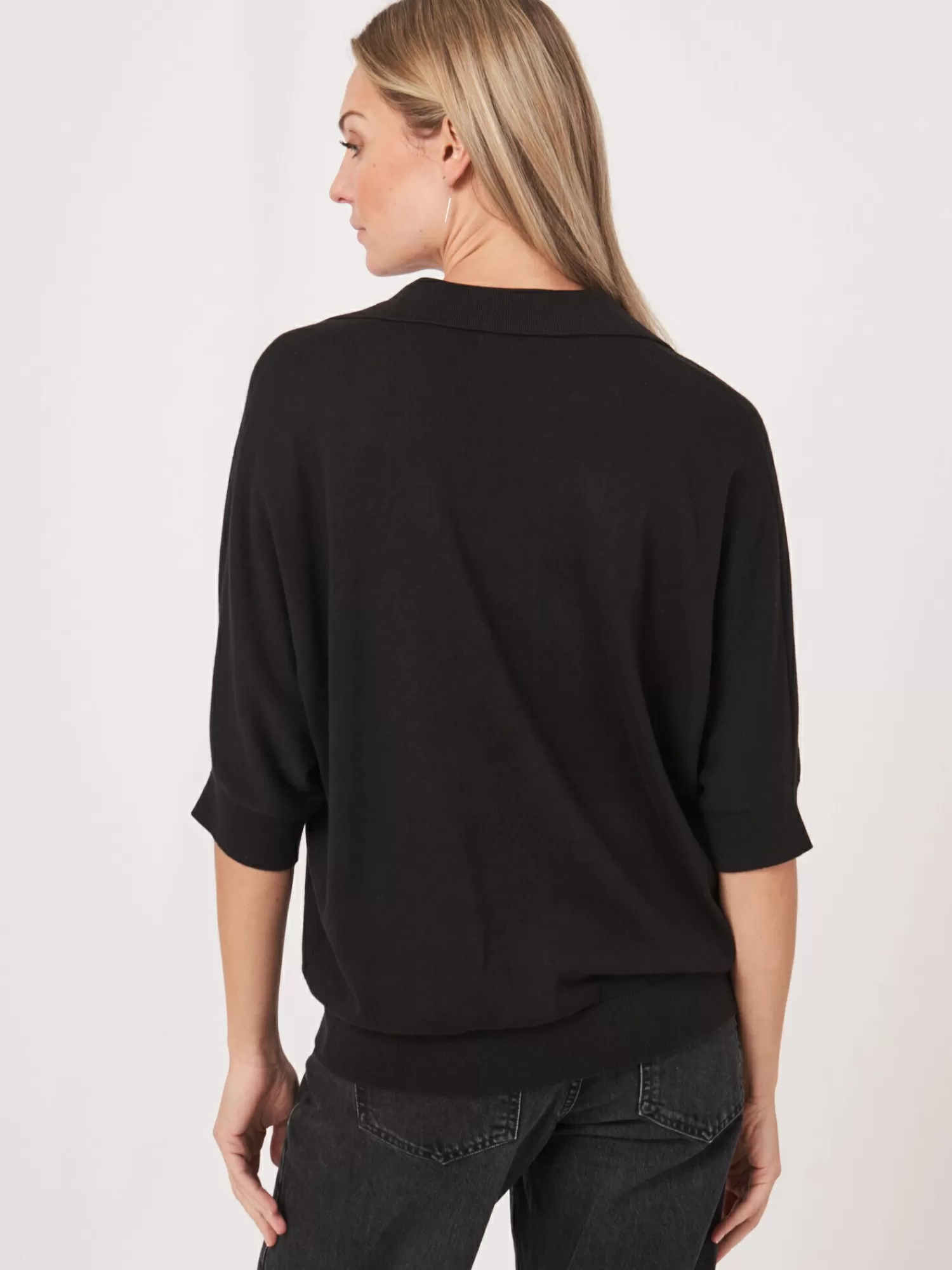 REPEAT cashmere Truien*Trui in katoen-mix met polokraag Black