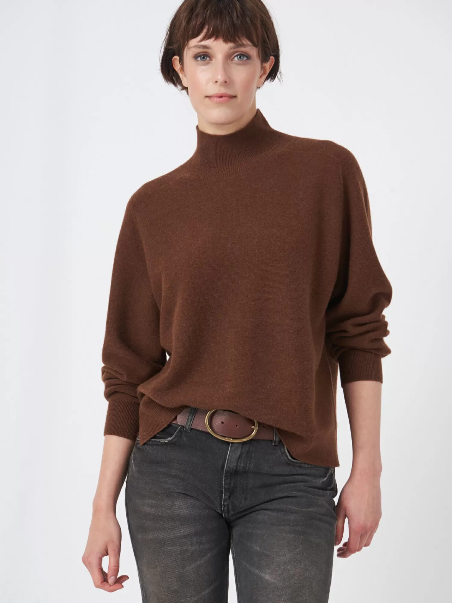 REPEAT cashmere Truien*Trui met hoge kraag van cashmere mix naadloos gebreid Brown