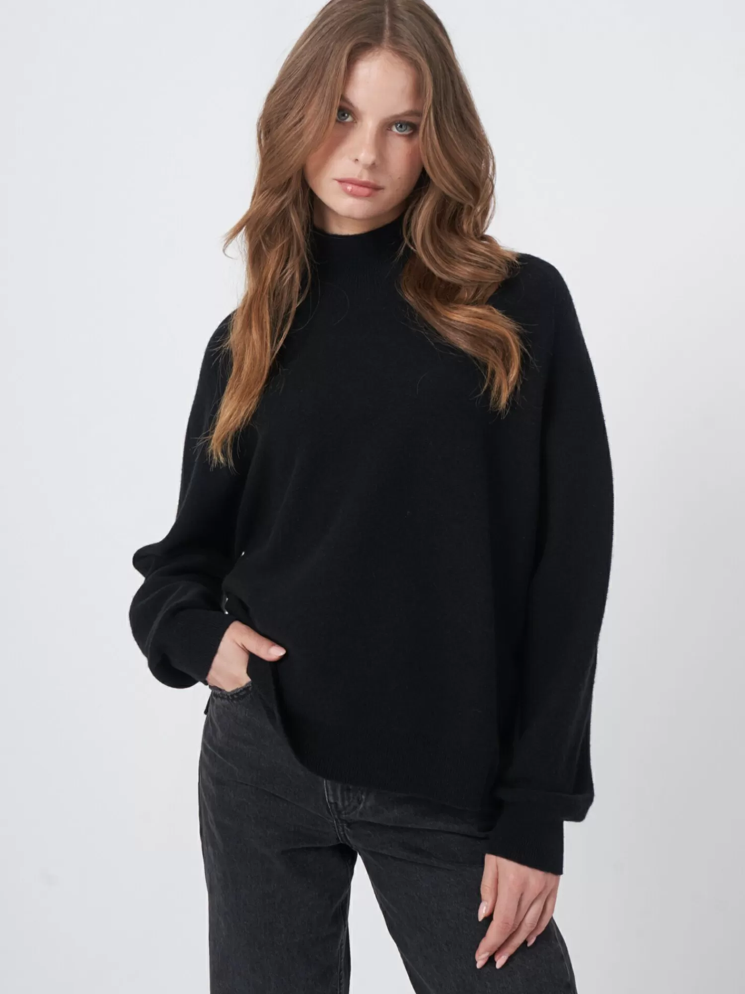 REPEAT cashmere Truien*Trui met hoge kraag van cashmere mix naadloos gebreid Black