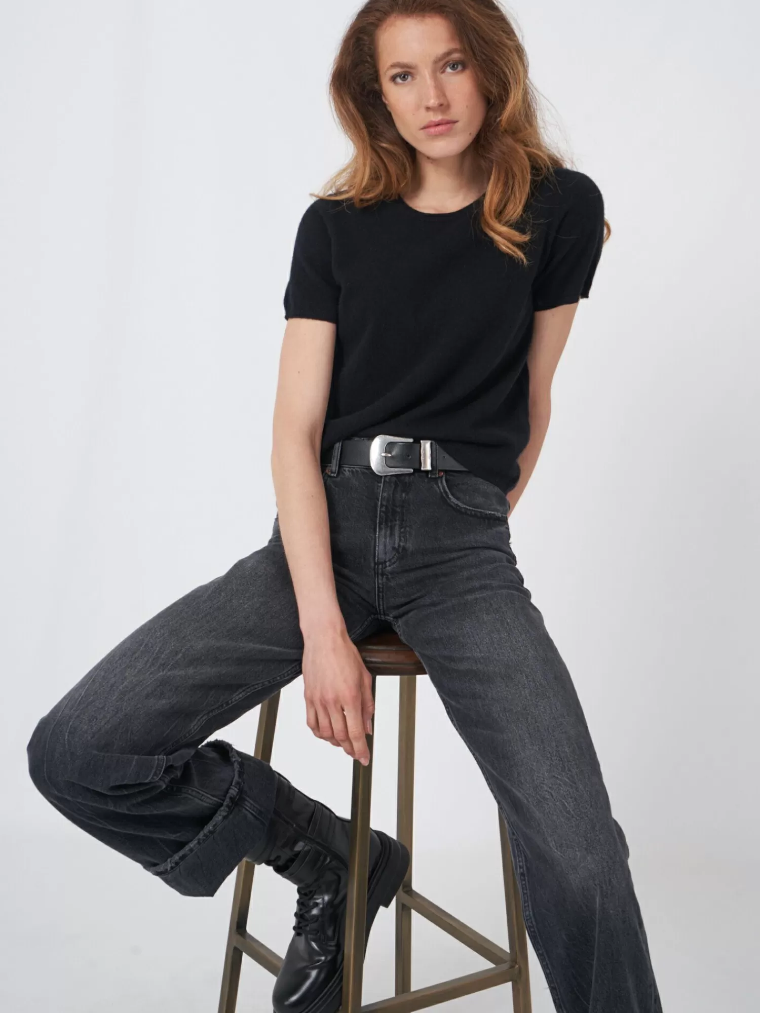 REPEAT cashmere Organic Cashmere | Truien*Trui met korte mouw naadloos gebreid van biologisch cashmere Black