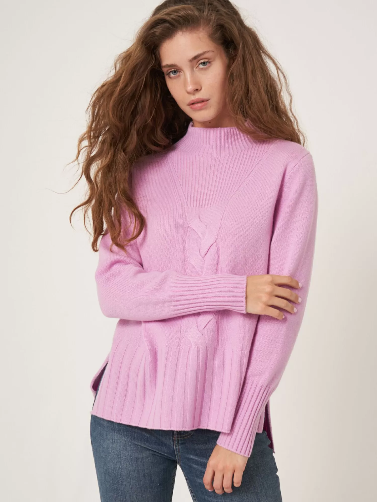 REPEAT cashmere Truien*Trui met opstaande kraag en kabelpatroon detail Candy