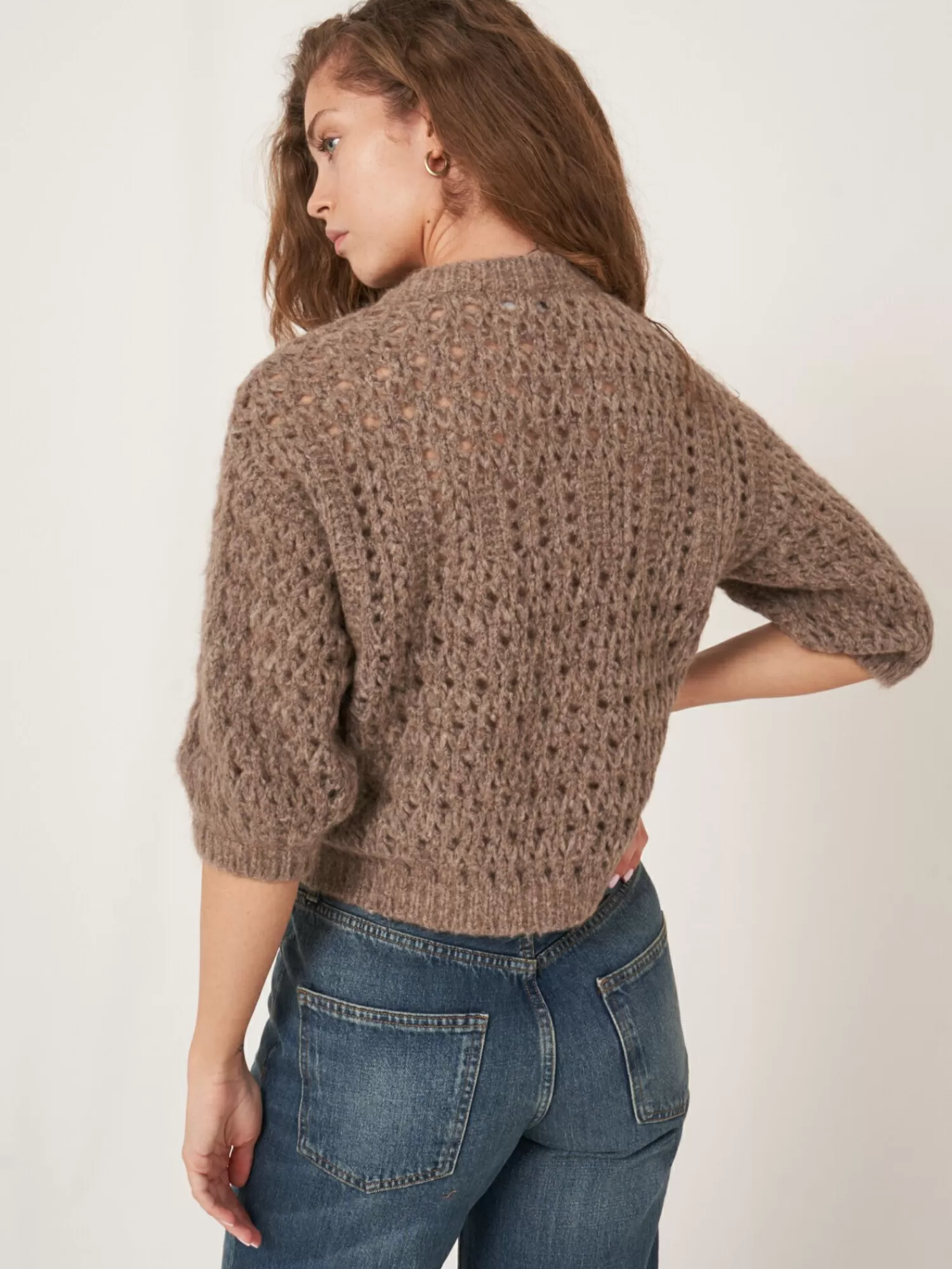 REPEAT cashmere Truien*Trui met pointelle details Taupe