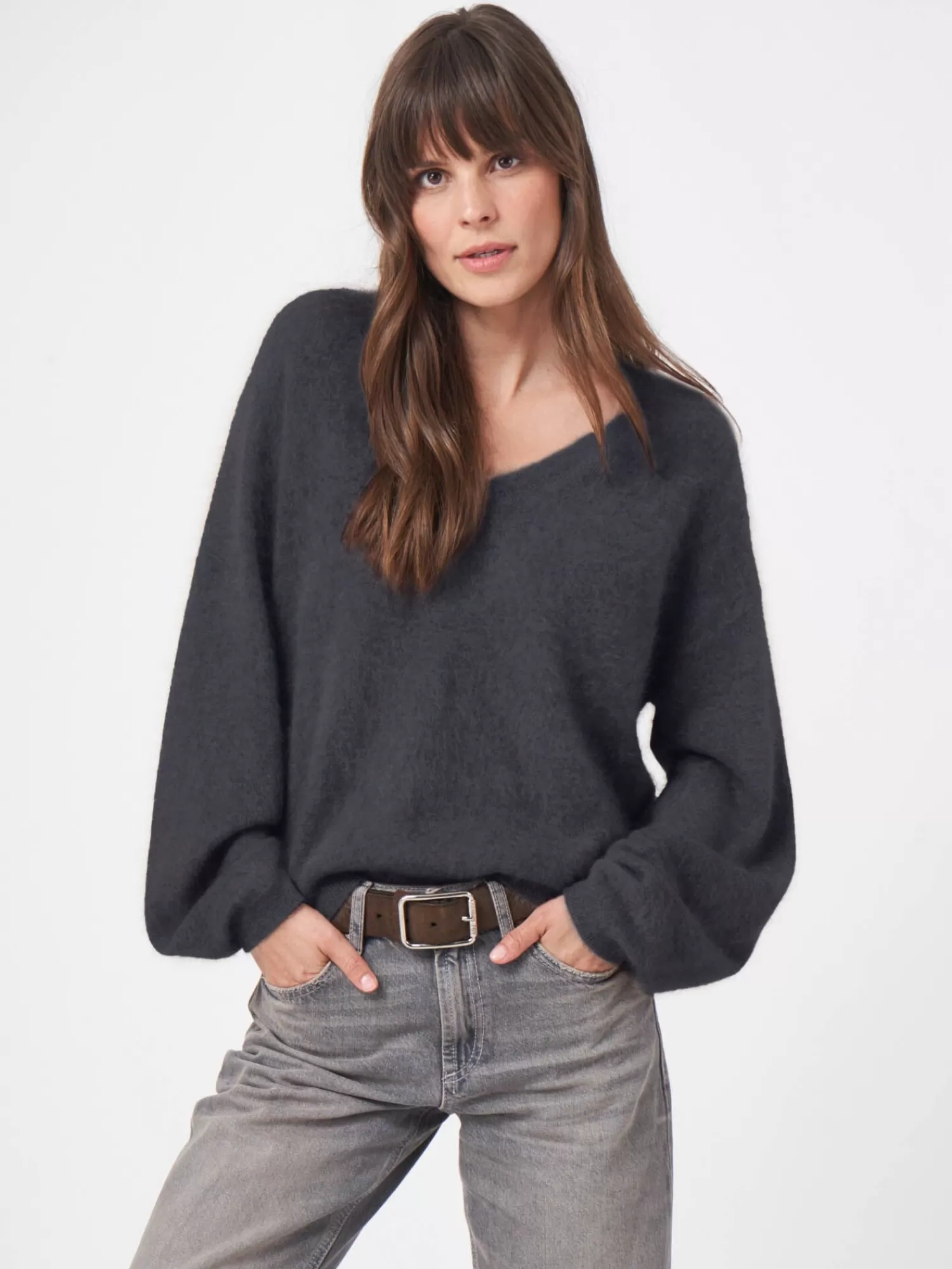 REPEAT cashmere Brushed Cashmere | Truien*Trui van geborsteld cashmere met pofmouwen Iron