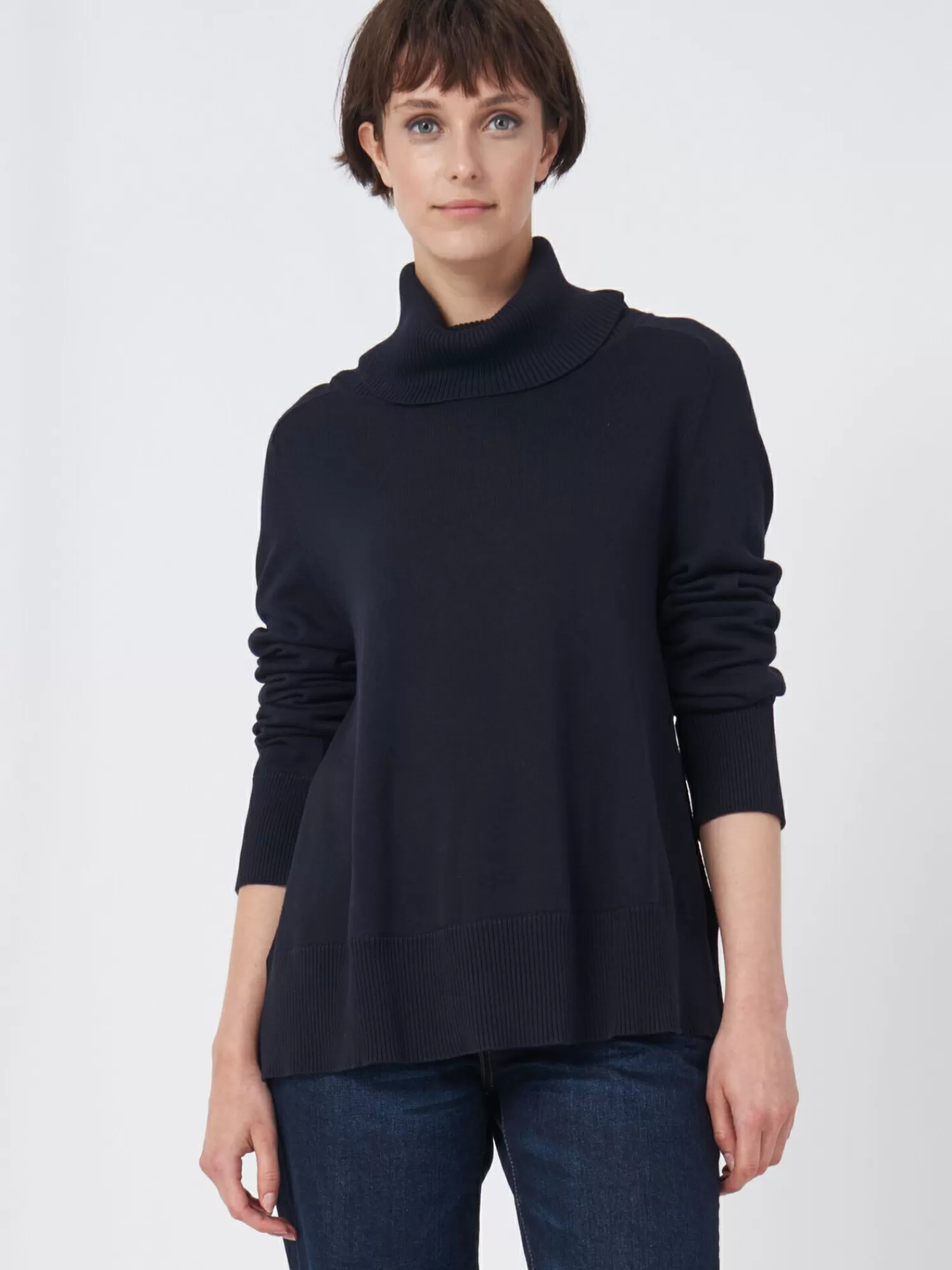 REPEAT cashmere Truien*Trui van katoenmix met brede geribde rolkraag Navy