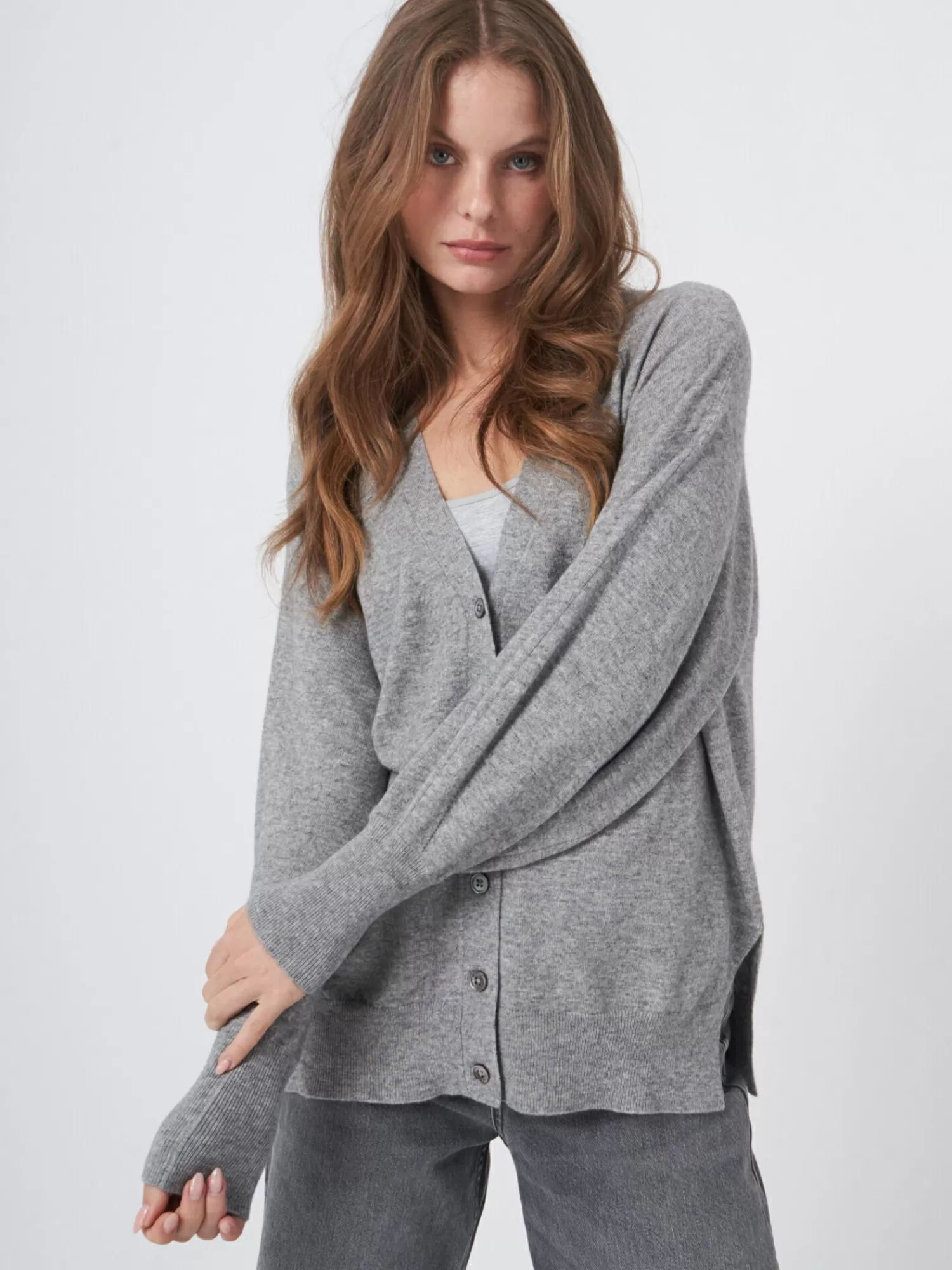 REPEAT cashmere Vesten*V-hals vest met knopen en pofmouwen LightGrey