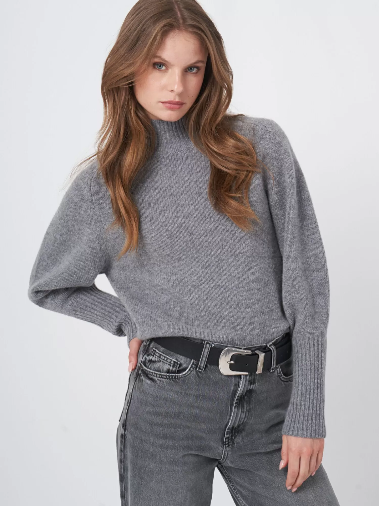 REPEAT cashmere Truien*Wollen trui met geribde opstaande kraag Grey