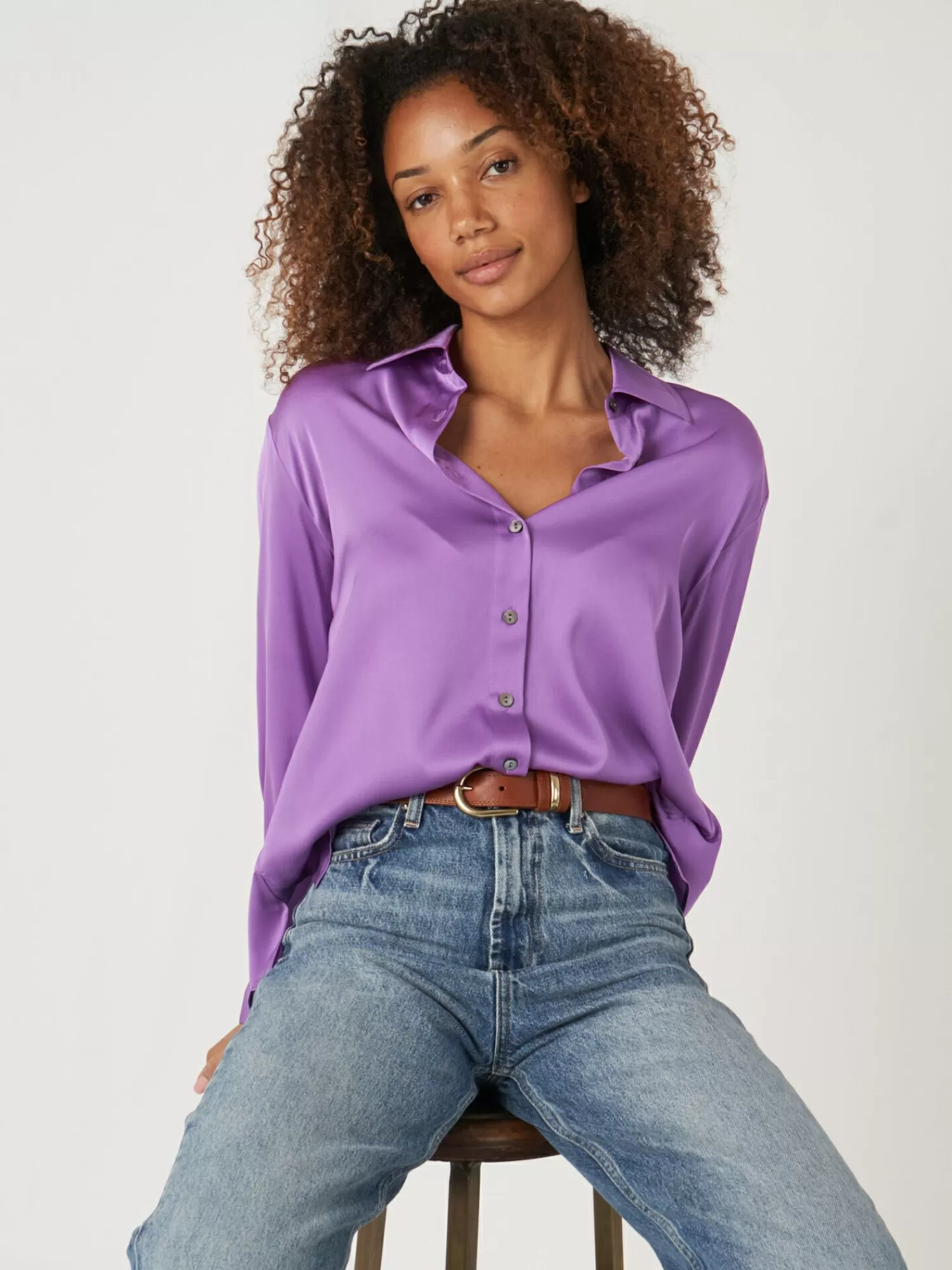 REPEAT cashmere Blouses*Zijden overhemd met borstzakje en zijsplitten Lilac