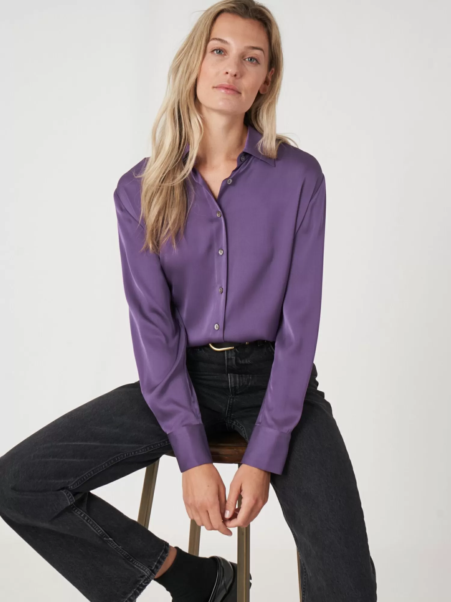 REPEAT cashmere Blouses*Zijden overhemd met borstzakje en zijsplitten Amethyst